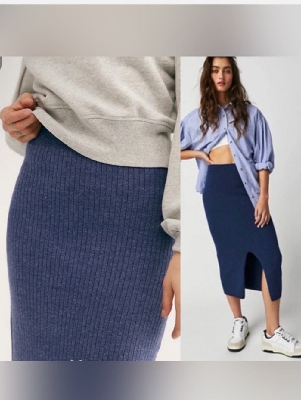 NWT FREE PEOPLE SKYLINE MIDI SKIRT NAVY RIBBED KNIT FRONT SLIT SZ S